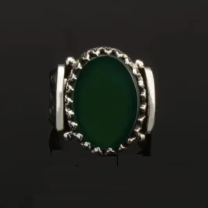 Hun Collection Flat Green Agate Silver Men Ring