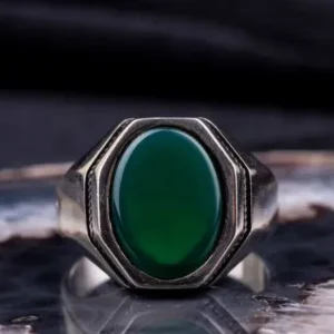 Octagon Green Aqeeq Silver Ring