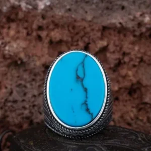 Oval Big Turquoise Knit Pattern Silver Ring