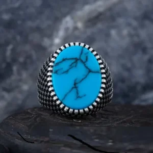 Sale Oval Turquoise Grid Pattern Silver Ring