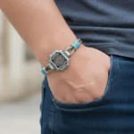 Sterling Silver Turquoise Mens Bracelet, Pure Silver Bangle, Religous Vintage Gold Jewelry,