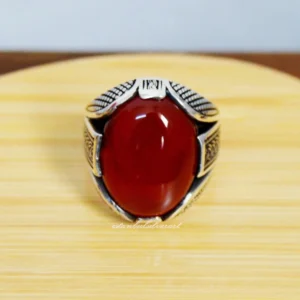 Handmade 925 Sterling Silver Men's Ring: Red Agate Ottoman Design