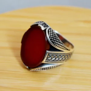 Handmade 925 Sterling Silver Mens Ring: Ottoman Red Agate Stone