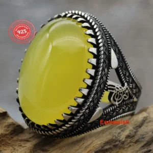 Men's 925 Sterling Silver Ring: Yellow Carnelian Yemeni Agate Aqeeq