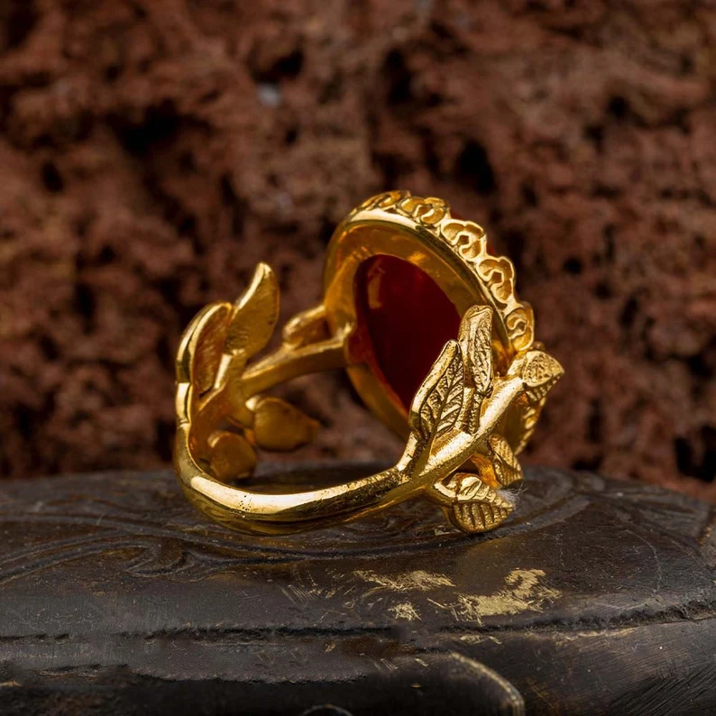 Red Aqeeq Flower Gold Plated Silver Women Ring, Silver Handmade Jewelry, 925 Sterling Silver- Gift For Her - Image 3