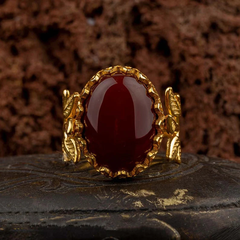 Red Aqeeq Flower Gold Plated Silver Women Ring, Silver Handmade Jewelry, 925 Sterling Silver- Gift For Her