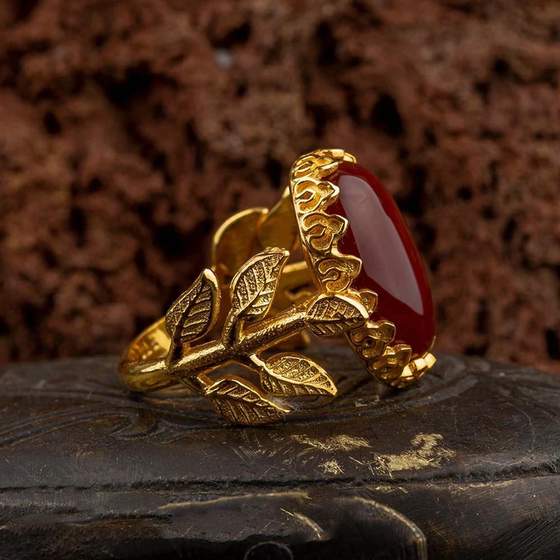 Red Aqeeq Flower Gold Plated Silver Women Ring, Silver Handmade Jewelry, 925 Sterling Silver- Gift For Her - Image 2