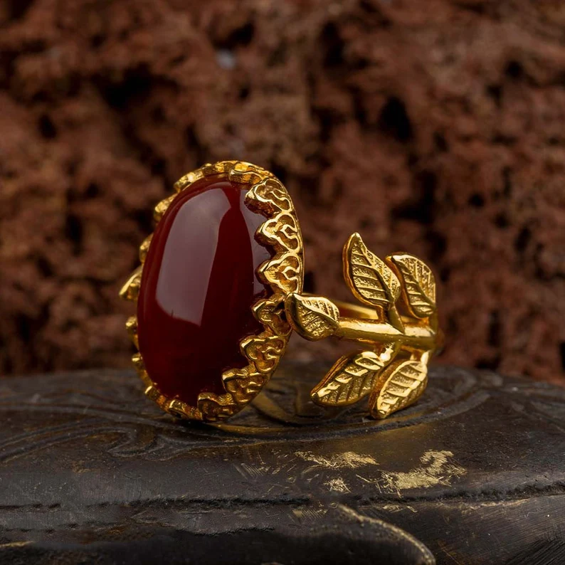 Red Aqeeq Flower Gold Plated Silver Women Ring, Silver Handmade Jewelry, 925 Sterling Silver- Gift For Her - Image 5