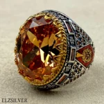 Mens Citrine Stone Ring Men, Turkish Handmade Silver Ring, Orange Stone Ring, Ottoman Ring