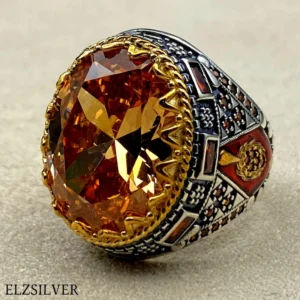 Mens Citrine Stone Ring Men, Turkish Handmade Silver Ring, Orange Stone Ring
