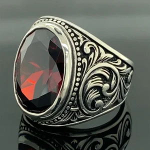 Men Handmade Ruby Stone Ring , Oval Red Stone Ring , Ottoman Style Handmade Ring