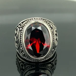 Men Handmade Ruby Stone Ring , Oval Red Stone Ring , Ottoman Style Handmade Ring