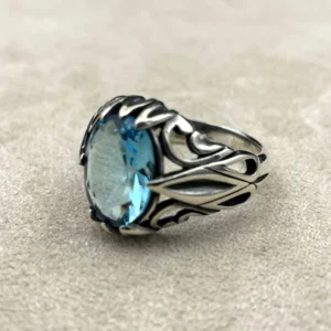 Aquamarine Stone Ring: Turkish Handmade 925 Sterling Silver Ottoman Style