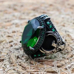 Turkish Handmade Silver Men's Ring, Ottoman Men's Ring, Emerald Ring