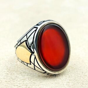 Mens Red Agate Stone Ring: Handmade Ottoman 925 Silver