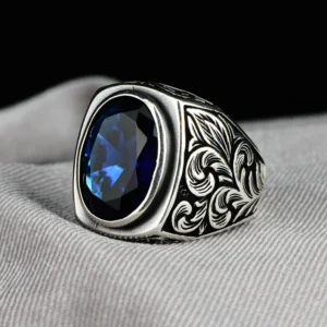 Men Blue Stone Ring , Silver Sapphire Stone Ring , Turkısh Handmade Ring , Ottoman Style Ring