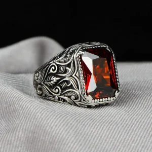 Men Handmade Ruby Stone Silver Ring , Red Stone Garnet Ring , Ottoman Style Handmade Ring