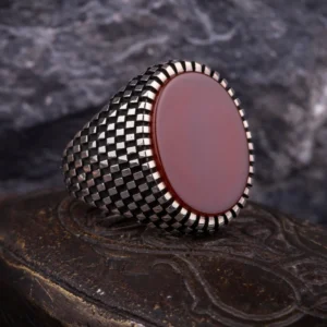 Grid Pattern Silver Red Yemeni Aqeeq Men Ring, Silver Handmade Jewelry, 925 Sterling Silver