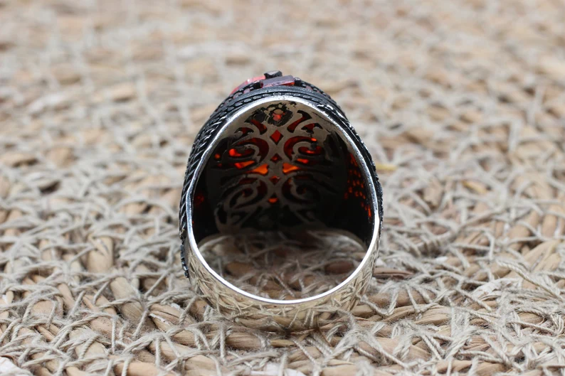 Handmade Ruby Sterling Silver Mens Ring, Ottoman Turkish Jewelry - Image 2