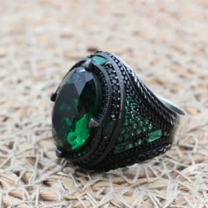 Emerald Men's Ring: Handmade Ottoman 925 Sterling Silver Ring
