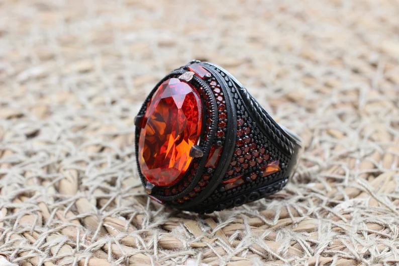 Handmade Ruby Sterling Silver Mens Ring, Ottoman Turkish Jewelry