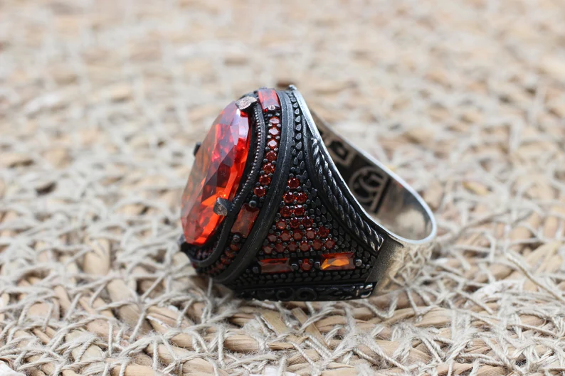 Handmade Ruby Sterling Silver Mens Ring, Ottoman Turkish Jewelry - Image 4