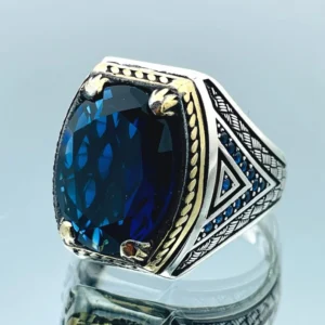 Mens Blue Sapphire Ring: Handmade 925 Silver Ottoman Style