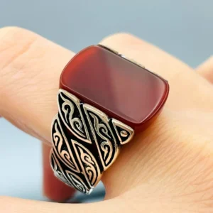Mens Red Agate 925 Silver Ring: Handmade Ottoman Style