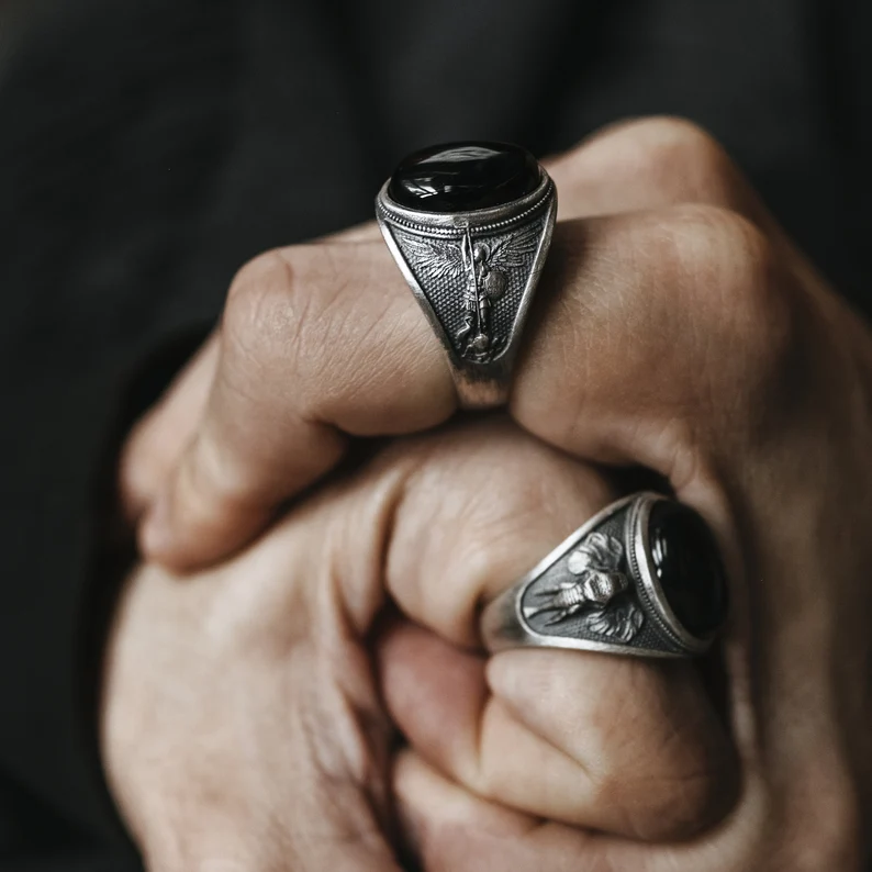 Archangel saint Michael silver men ring, Archangel black onyx men's ring, St micheal signet Ring - Image 2