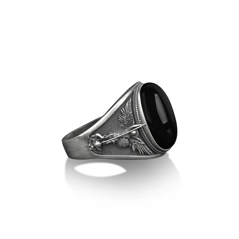 Archangel saint Michael silver men ring, Archangel black onyx men's ring, St micheal signet Ring