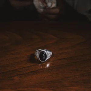 Victorian Style Mens Vintage Ring with Black Onyx, 925 Sterling Silver Floral Engraved Side Onyx Ring