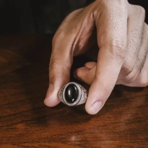 Victorian Style Mens Vintage Ring with Black Onyx, 925 Sterling Silver Floral Engraved Side Onyx Ring for Men