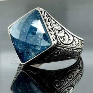Men's Natural Sapphire Stone Ring , Engraved Square Ring , 925k Sterling Silver Ring
