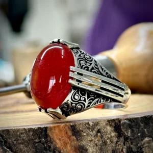 Men Red Agate Ring , Oval Aqeeq Gemstone Ring , Men Ottoman Style Handmade Ring , 925k Sterling Silver Ring