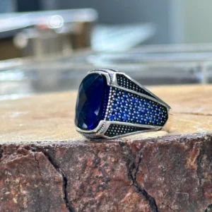Men Blue Sapphire Stone Ring , Minimal Zircon Sapphire Stone Ring, Turkish Handmade Ring ,925k Sterling Silver Ring