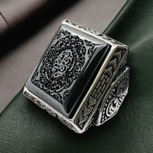 925 Silver Hematite Islamic Ring: Engraved Quranic Nad-Ali Protection