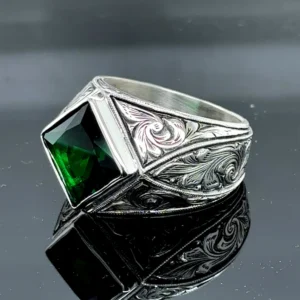 Emerald Gemstone Men Ring, Square Cut Green Stone Ring, Engraved Handmade Ring