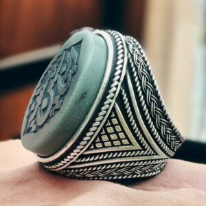 Quranic Carving Jade Ring: Hussein Ark, 925 Sterling Silver