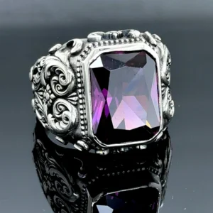 Silver Amethyst Ring, Handmade Engraved Silver Ring, Purple Gemstone Men Ring, Purple Gemstone Ring