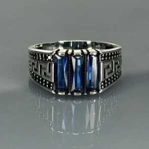 Men's Sapphire Sterling Silver Ring: Greek Key Handmade Statement Jewelry