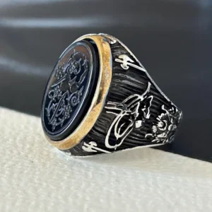 Hand Carved Black Agate Allah Ring: 925 Sterling Silver Signet