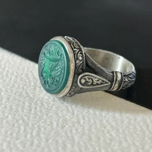 Sterling Silver Green Agate Ring: Hand-Carved Arabic Calligraphy