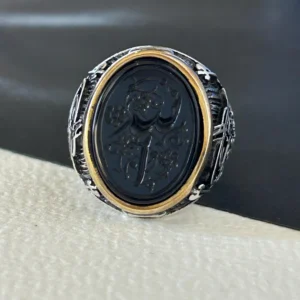 Hand Carved Black Agate Allah Ring: 925 Sterling Silver Signet