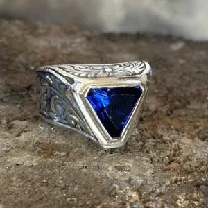 Men Silver Sapphire Ring, Vintage Engraved Triangle Sapphire Ring