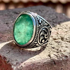 Men Silver Green Emerald Stone Ring , Handmade Engraved Turkish Handmade Ring