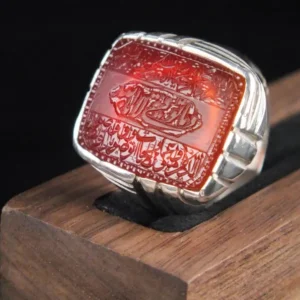 Sterling Silver Red Agate Islamic Calligraphy Ring, Ottoman Style Mens Ring