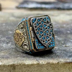 Men Silver Prayer Box Ring, Ayatul Kursi İslamic Ring, Turquoise Gemstone Pill Box Silver Ring