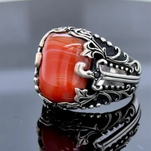 Men Silver Sword Agate Stone Ring, Yemen Agate Ring, Carnelian Men Ring, Red Agate Silver Ring, 925k Sterling Silver Ring, Gift For Men