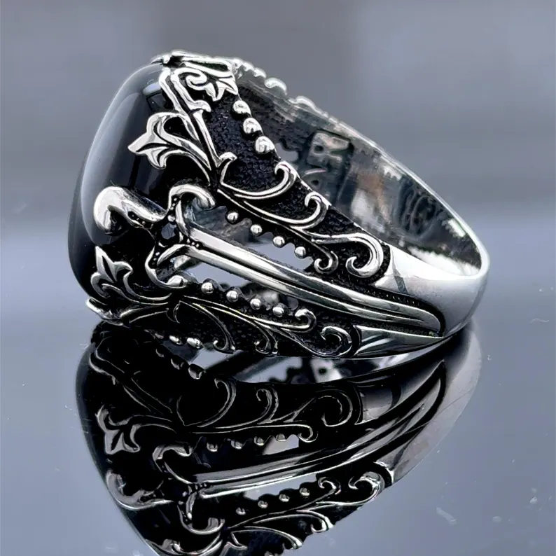 Men Handmade Sword Onyx Ring , Natural Onyx Stone Ring, Black Onyx Ring - Image 4