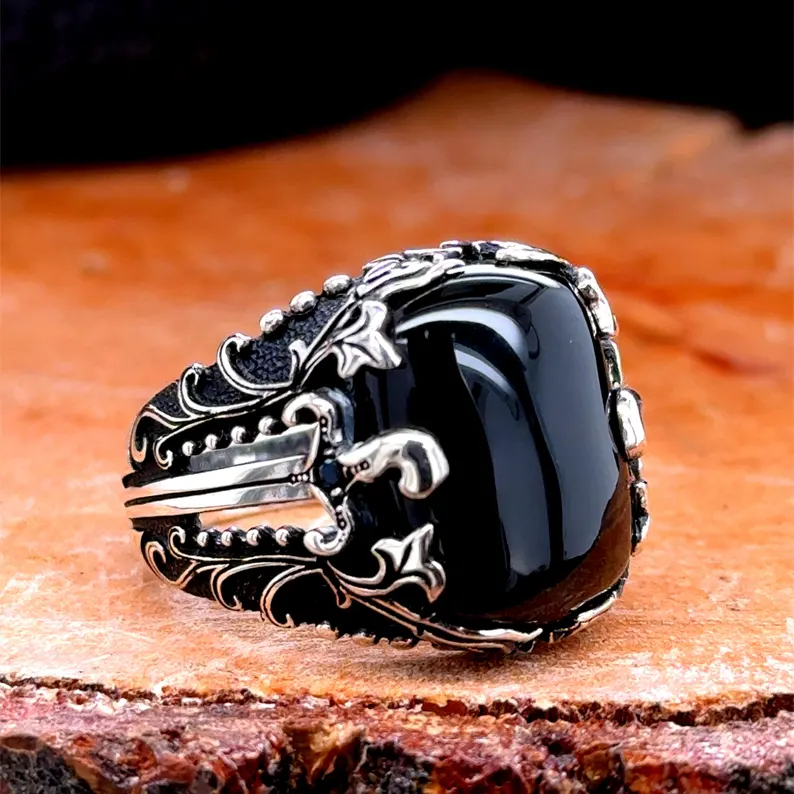 Men Handmade Sword Onyx Ring , Natural Onyx Stone Ring, Black Onyx Ring - Image 8